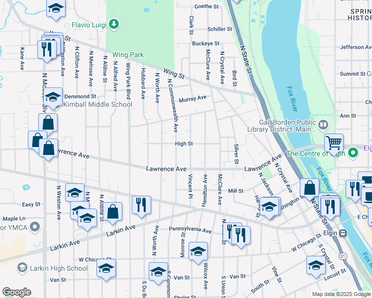 map of restaurants, bars, coffee shops, grocery stores, and more near 820 High Street in Elgin