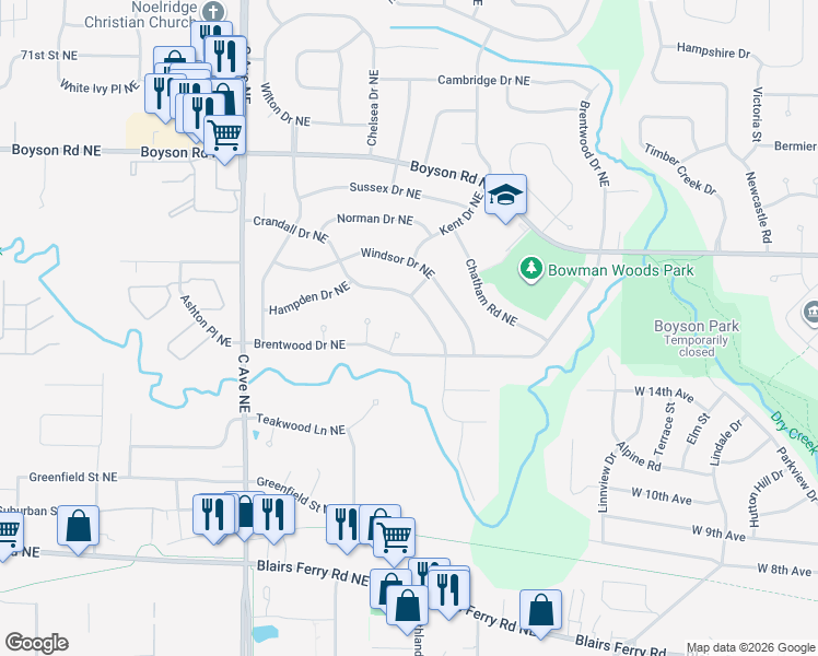 map of restaurants, bars, coffee shops, grocery stores, and more near 237 Crandall Dr NE in Cedar Rapids