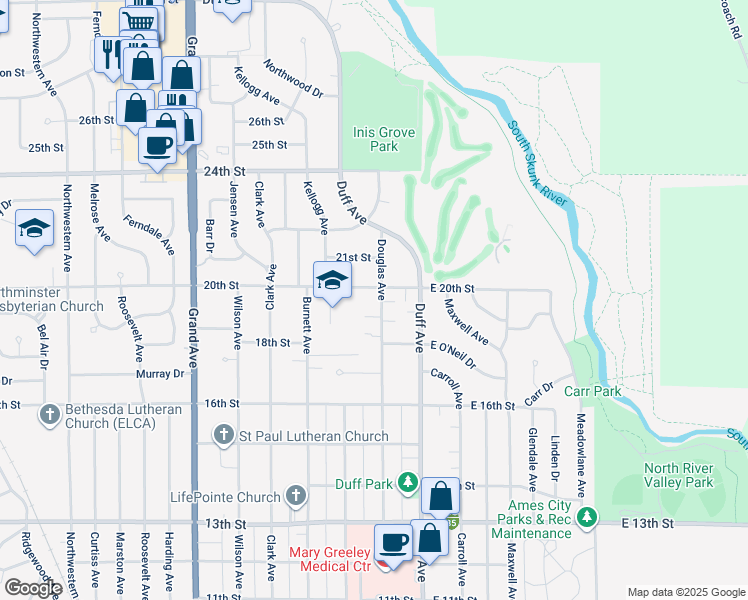 map of restaurants, bars, coffee shops, grocery stores, and more near 120 20th Street in Ames