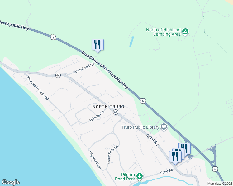 map of restaurants, bars, coffee shops, grocery stores, and more near 1 Pine Ridge End in Truro