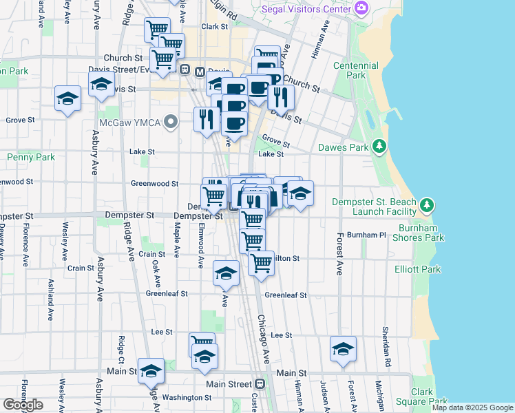 map of restaurants, bars, coffee shops, grocery stores, and more near 1311 Chicago Avenue in Evanston