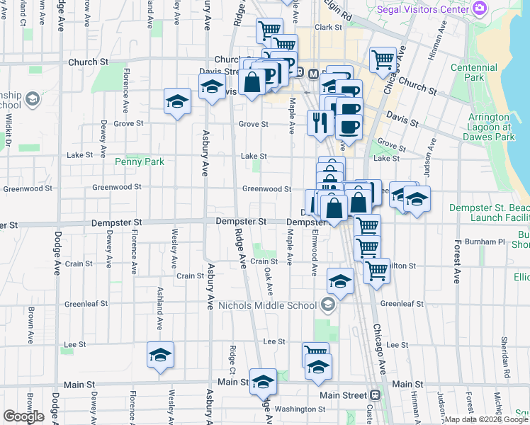 map of restaurants, bars, coffee shops, grocery stores, and more near 1307 Oak Avenue in Evanston
