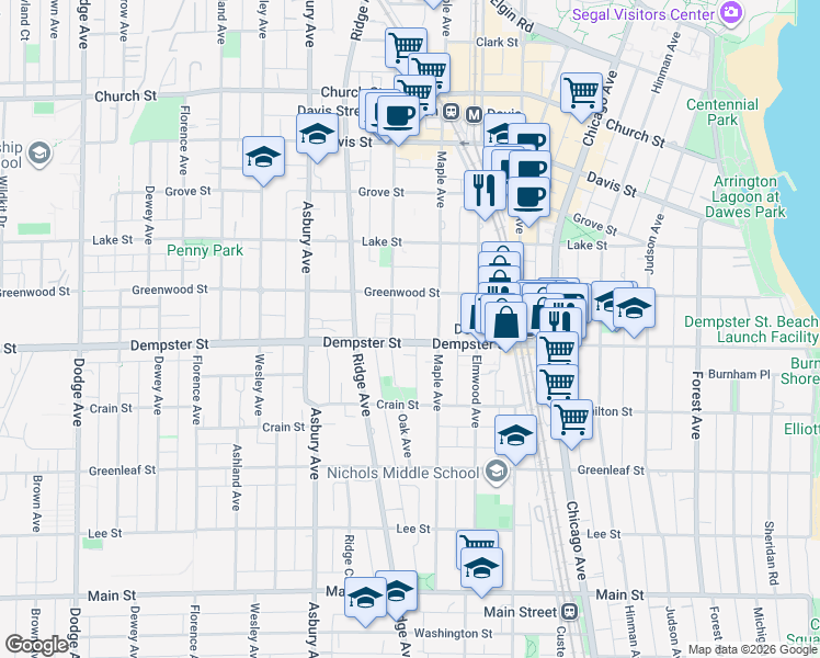 map of restaurants, bars, coffee shops, grocery stores, and more near 1025 Dempster Street in Evanston