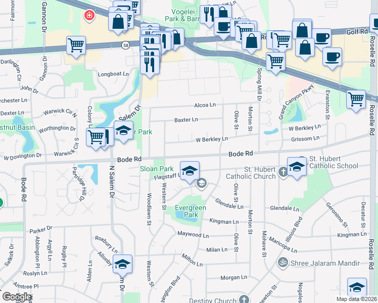 map of restaurants, bars, coffee shops, grocery stores, and more near 615 West Berkley Lane in Hoffman Estates