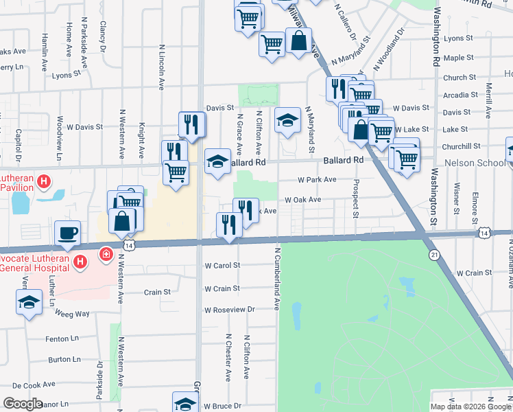 map of restaurants, bars, coffee shops, grocery stores, and more near 8436 West Oak Avenue in Niles
