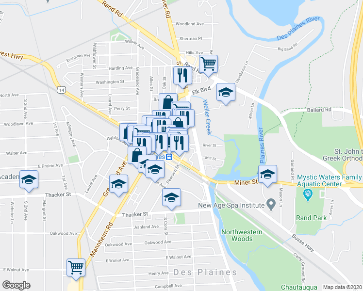 map of restaurants, bars, coffee shops, grocery stores, and more near 636 South River Road in Des Plaines