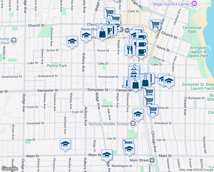 map of restaurants, bars, coffee shops, grocery stores, and more near 1309 Oak Avenue in Evanston