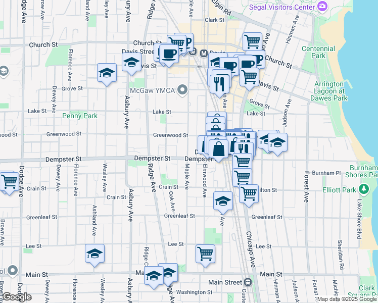map of restaurants, bars, coffee shops, grocery stores, and more near 1309 Maple Avenue in Evanston