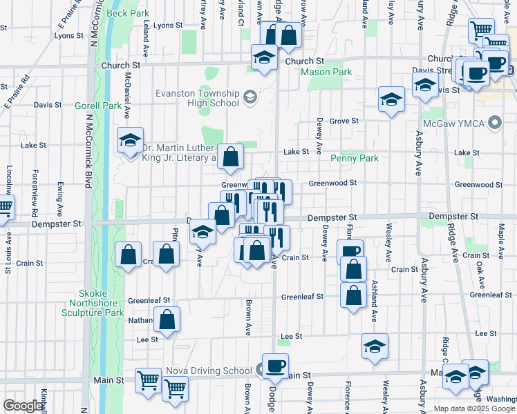 map of restaurants, bars, coffee shops, grocery stores, and more near 1941 Dempster Street in Evanston