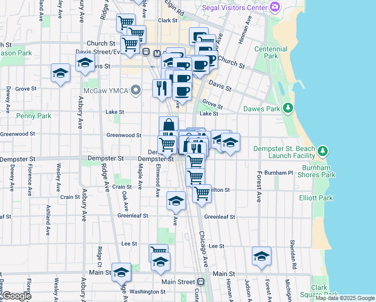 map of restaurants, bars, coffee shops, grocery stores, and more near in Evanston