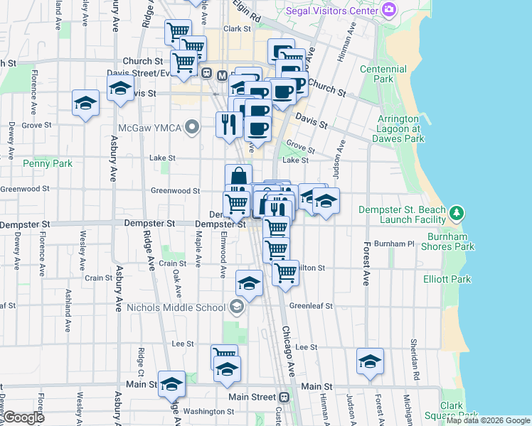 map of restaurants, bars, coffee shops, grocery stores, and more near 1310 Chicago Avenue in Evanston