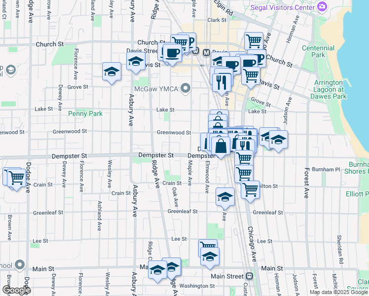 map of restaurants, bars, coffee shops, grocery stores, and more near 1316 Maple Avenue in Evanston