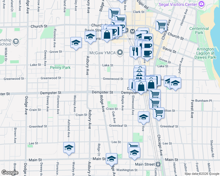 map of restaurants, bars, coffee shops, grocery stores, and more near in Evanston