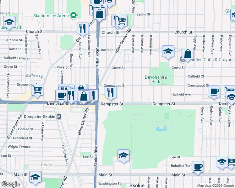 map of restaurants, bars, coffee shops, grocery stores, and more near 8842 Knox Avenue in Skokie