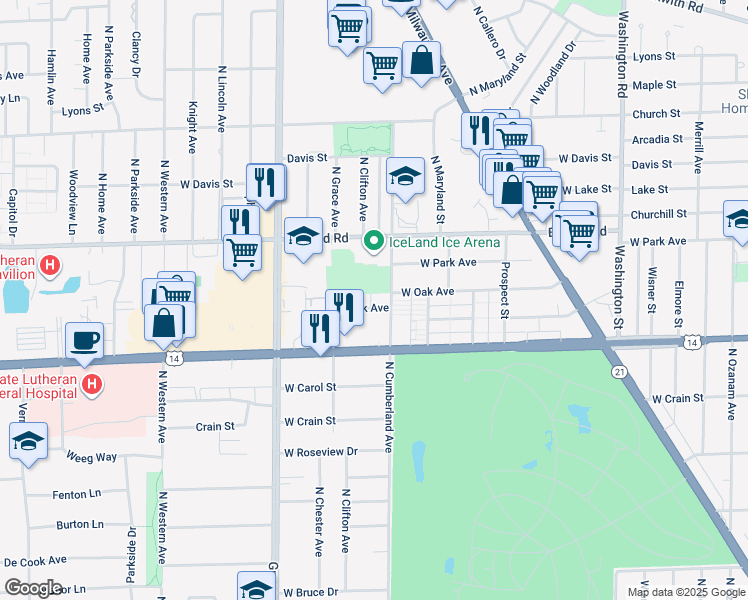 map of restaurants, bars, coffee shops, grocery stores, and more near 8436 West Oak Avenue in Niles