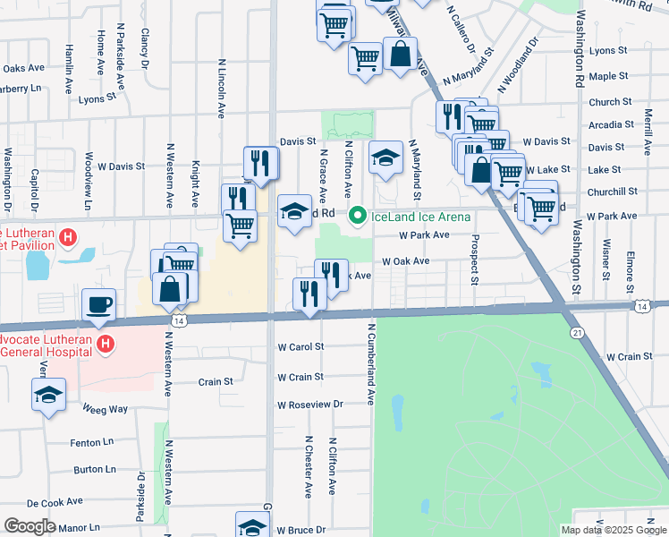 map of restaurants, bars, coffee shops, grocery stores, and more near 8436 West Oak Avenue in Niles