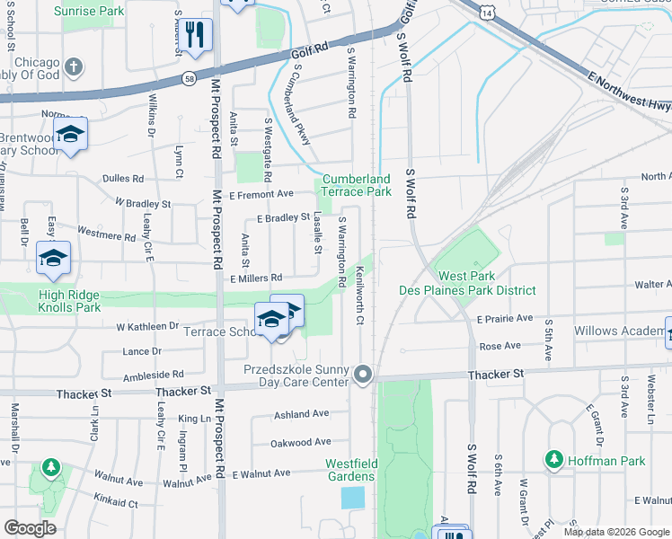 map of restaurants, bars, coffee shops, grocery stores, and more near 571 South Warrington Road in Des Plaines