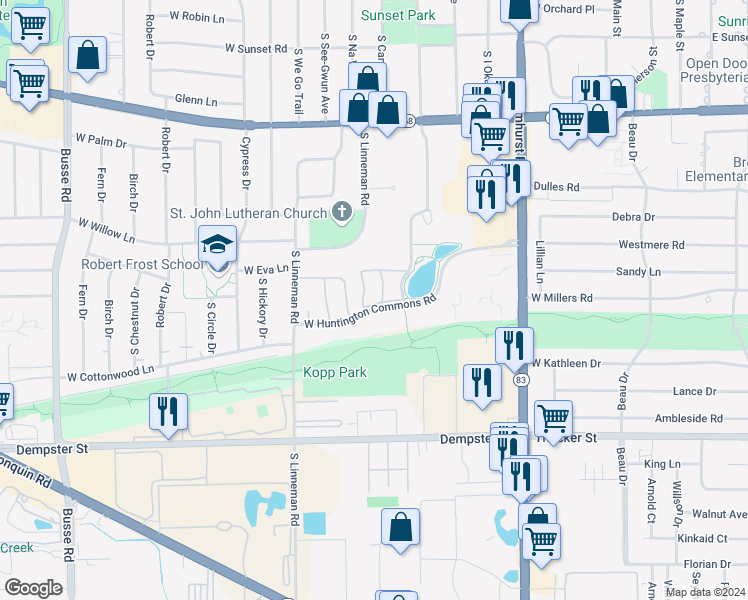 map of restaurants, bars, coffee shops, grocery stores, and more near 1308 Hunt Club Drive in Mount Prospect