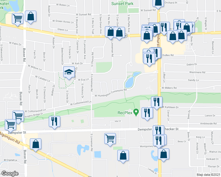 map of restaurants, bars, coffee shops, grocery stores, and more near 1308 South Sir Galahad Lane in Mount Prospect