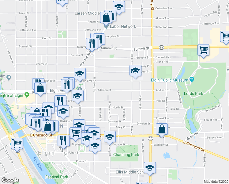 map of restaurants, bars, coffee shops, grocery stores, and more near 442 Addison Street in Elgin
