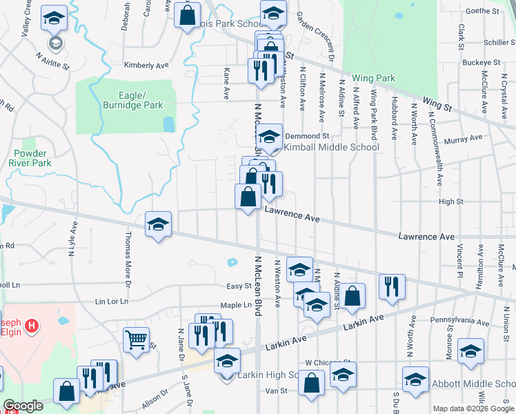 map of restaurants, bars, coffee shops, grocery stores, and more near 348 North McLean Boulevard in Elgin