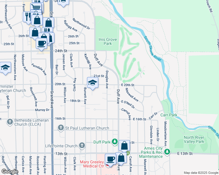 map of restaurants, bars, coffee shops, grocery stores, and more near 120 20th Street in Ames