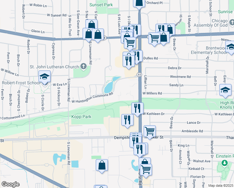 map of restaurants, bars, coffee shops, grocery stores, and more near 1380 Elmhurst Road in Mount Prospect