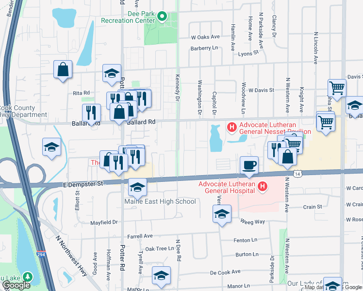 map of restaurants, bars, coffee shops, grocery stores, and more near 8995 Kennedy Drive in Des Plaines
