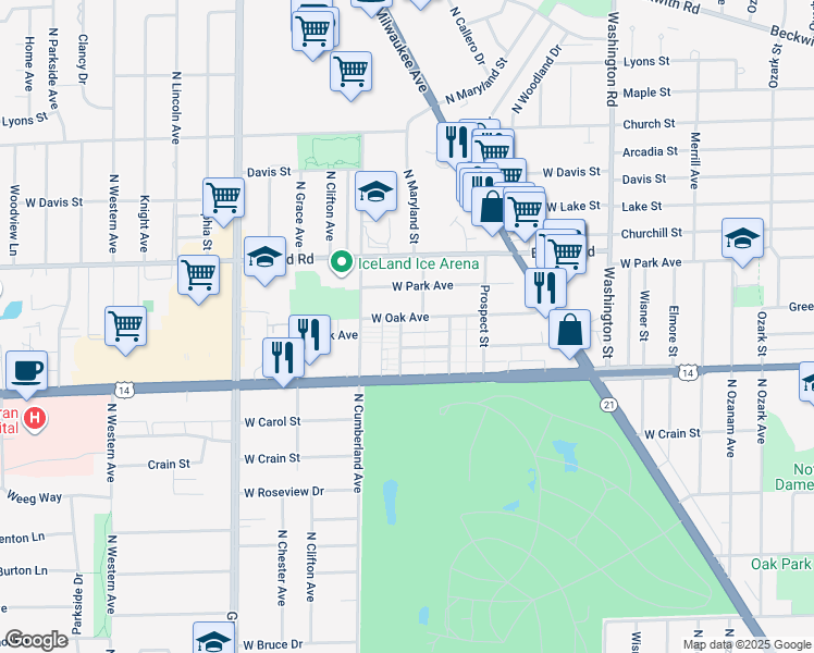 map of restaurants, bars, coffee shops, grocery stores, and more near 8293 West Oak Avenue in Niles