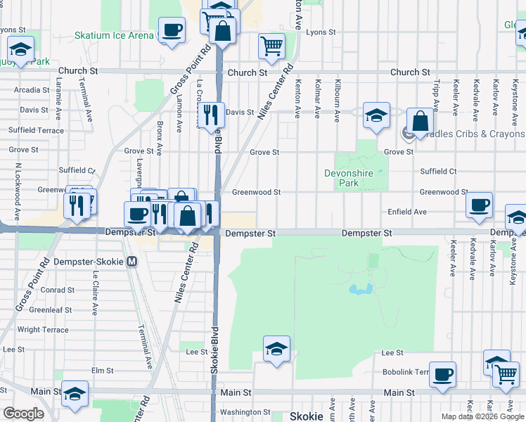 map of restaurants, bars, coffee shops, grocery stores, and more near 8842 Knox Avenue in Skokie