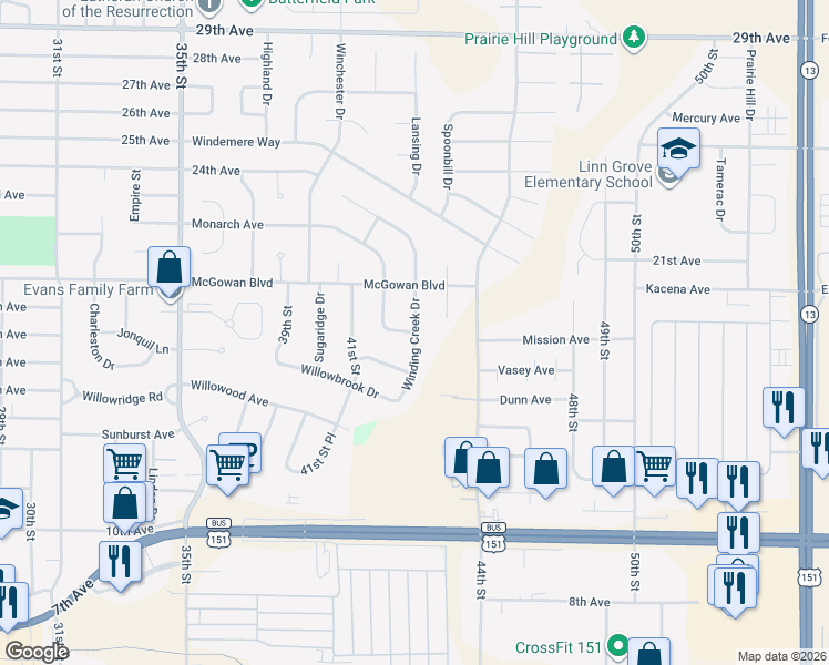 map of restaurants, bars, coffee shops, grocery stores, and more near 1840 Winding Creek Drive in Marion