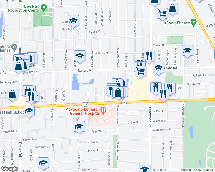 map of restaurants, bars, coffee shops, grocery stores, and more near 1905 Parkside Drive in Park Ridge