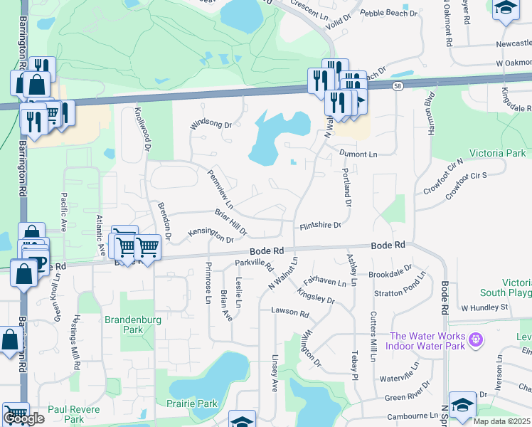 map of restaurants, bars, coffee shops, grocery stores, and more near 2011 Farnham Court in Schaumburg