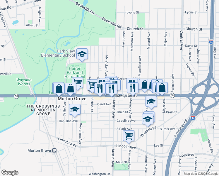 map of restaurants, bars, coffee shops, grocery stores, and more near 6010 Forest Drive in Morton Grove