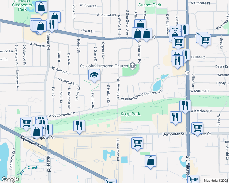 map of restaurants, bars, coffee shops, grocery stores, and more near 1210 South Linneman Road in Mount Prospect