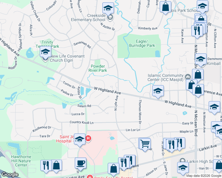 map of restaurants, bars, coffee shops, grocery stores, and more near 1860 Highland Avenue in Elgin