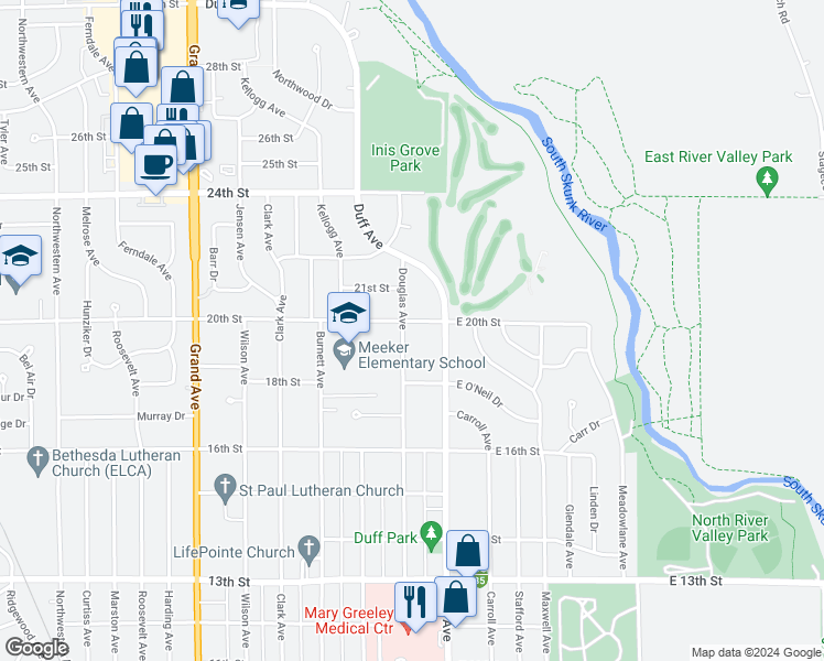 map of restaurants, bars, coffee shops, grocery stores, and more near 120 20th Street in Ames