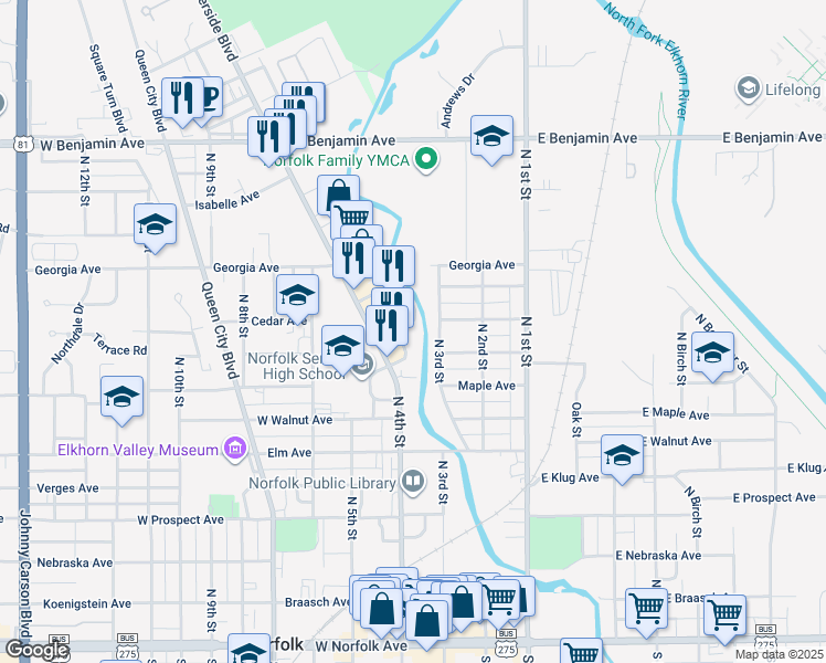 map of restaurants, bars, coffee shops, grocery stores, and more near 910 Riverfront Road in Norfolk