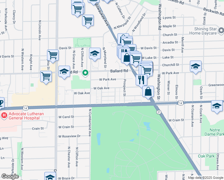 map of restaurants, bars, coffee shops, grocery stores, and more near 8255 West Oak Avenue in Niles