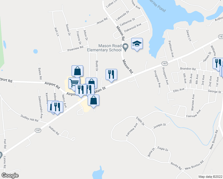 map of restaurants, bars, coffee shops, grocery stores, and more near 161 West Main Street in Dudley