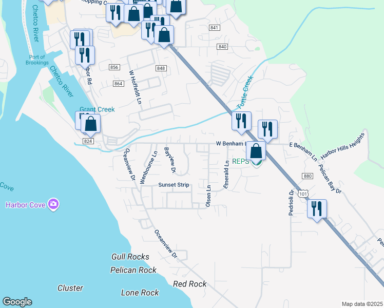 map of restaurants, bars, coffee shops, grocery stores, and more near 98036 West Benham Lane in Brookings