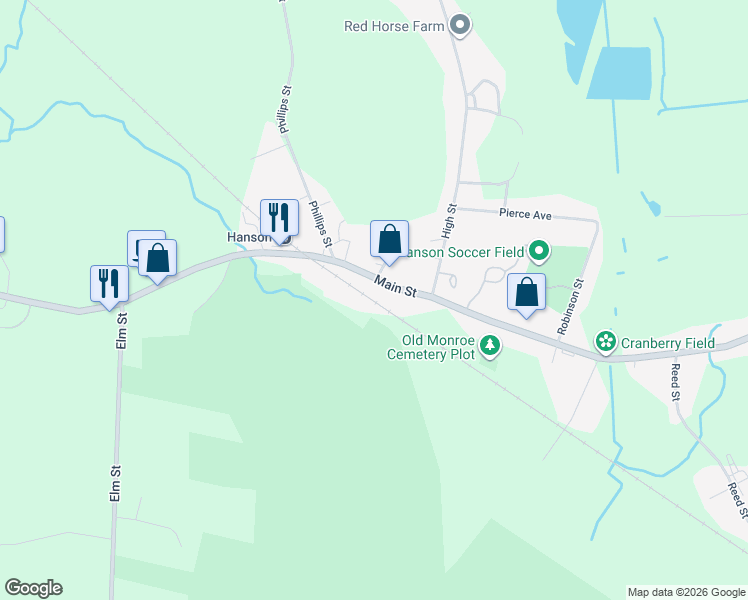 map of restaurants, bars, coffee shops, grocery stores, and more near 1011 Main Street in Hanson