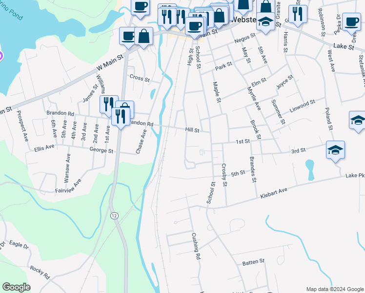 map of restaurants, bars, coffee shops, grocery stores, and more near 8 Fenner Street in Webster