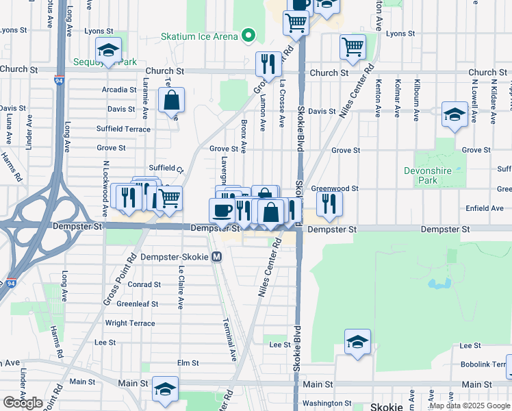 map of restaurants, bars, coffee shops, grocery stores, and more near 8838 Lamon Avenue in Skokie