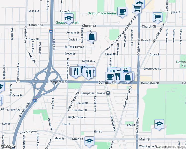 map of restaurants, bars, coffee shops, grocery stores, and more near 8901 Gross Point Road in Skokie