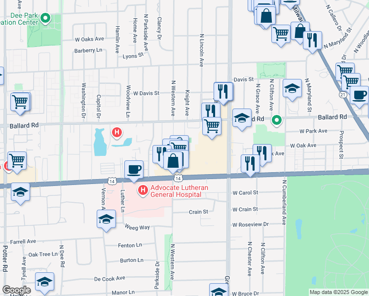 map of restaurants, bars, coffee shops, grocery stores, and more near 8905 Knight Avenue in Des Plaines