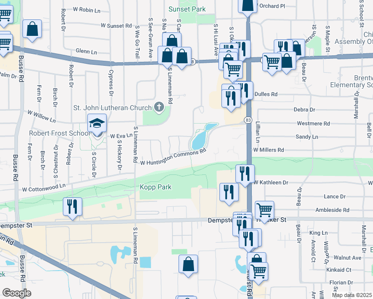 map of restaurants, bars, coffee shops, grocery stores, and more near 1308 Hunt Club Drive in Mount Prospect