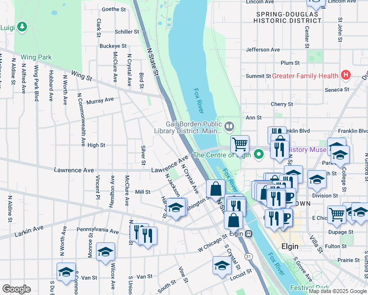 map of restaurants, bars, coffee shops, grocery stores, and more near 100 Lawrence Avenue in Elgin