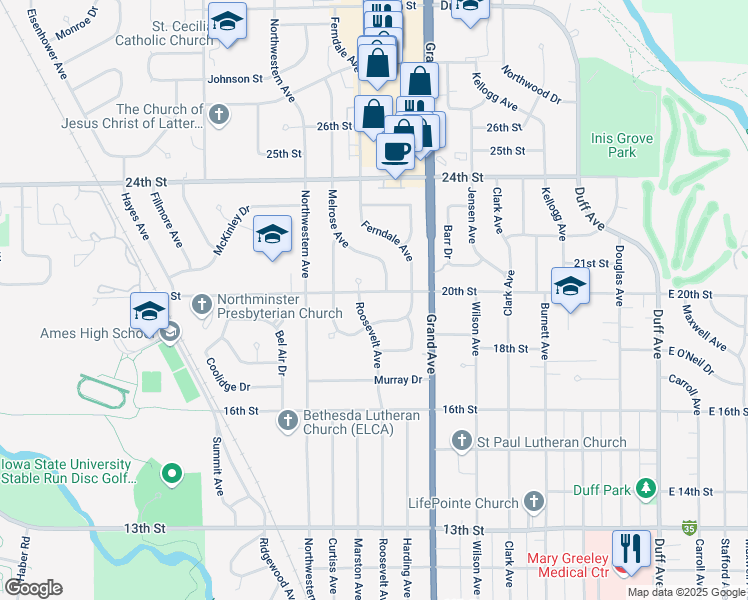 map of restaurants, bars, coffee shops, grocery stores, and more near in Ames
