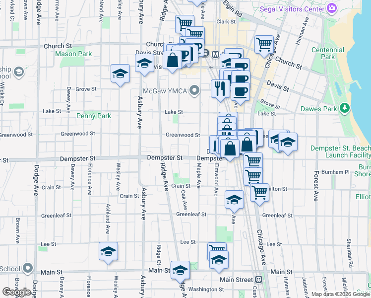 map of restaurants, bars, coffee shops, grocery stores, and more near 1315 Oak Avenue in Evanston
